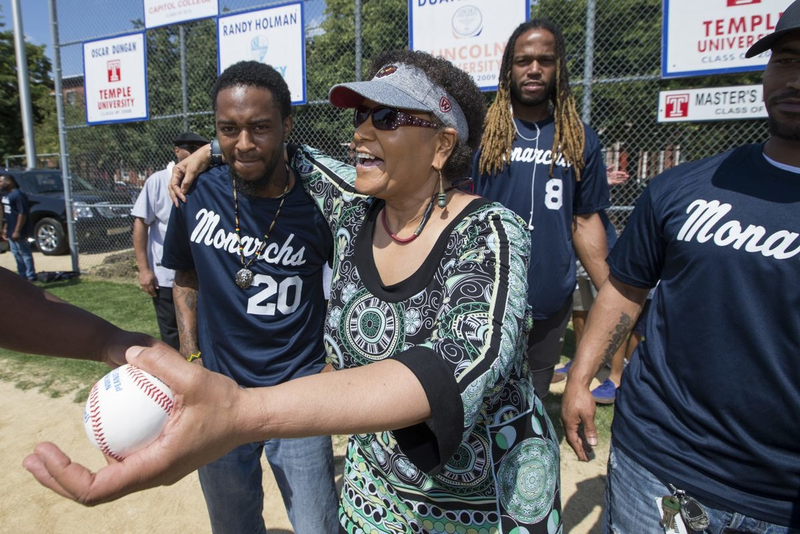 A celebration of the Anderson Monarchs baseball club for underprivileged youth in South Philadelphia, past, present and future, was held on June 10. Sportswriting legend Claire Smith, second from left, threw out the honorary first pitch. Smith traveled with the Monarchs in 1997 while working for the New York Times. (Charles Fox/Philadelphia Inquirer)